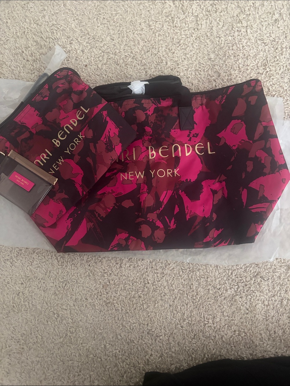 Henri bendel Hot Pink & Black Floral Travel Pouch Set and tote with Gold Logo